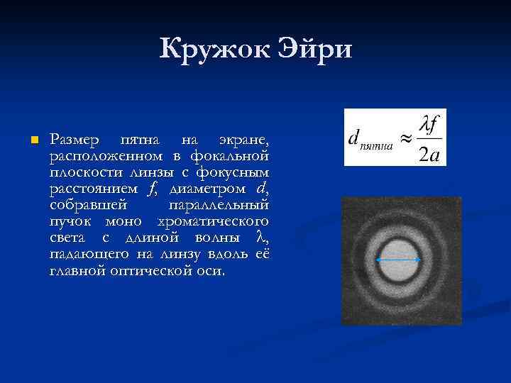 Диаметр пятна. Диаметр Кружка Эйри. Кружок Эйри. Дифракционная картина Эйри. Радиус пятна Эйри.