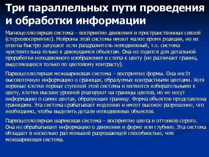 Три параллельных пути проведения и обработки информации Магноцеллюлярная система – восприятие движения и пространственных