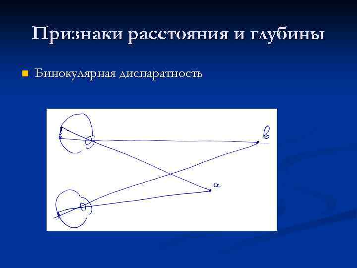 Признаки расстояния и глубины n Бинокулярная диспаратность 