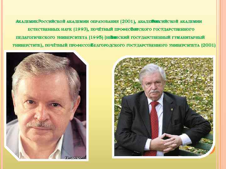 АКАДЕМИКРОССИЙСКОЙ АКАДЕМИИ ОБРАЗОВАНИЯ (2001), АКАДЕМИК РОССИЙСКОЙ АКАДЕМИИ ЕСТЕСТВЕННЫХ НАУК (1993), ПОЧЁТНЫЙ ПРОФЕССОР ВЯТСКОГО ГОСУДАРСТВЕННОГО