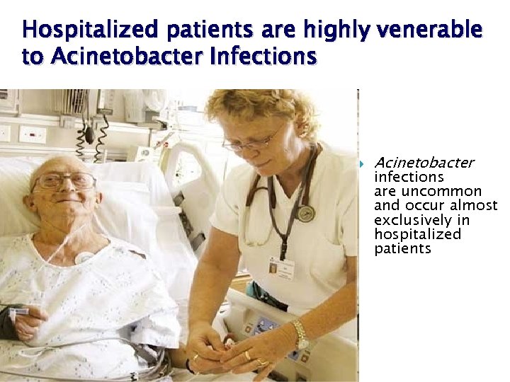 Hospitalized patients are highly venerable to Acinetobacter Infections Acinetobacter infections are uncommon and occur