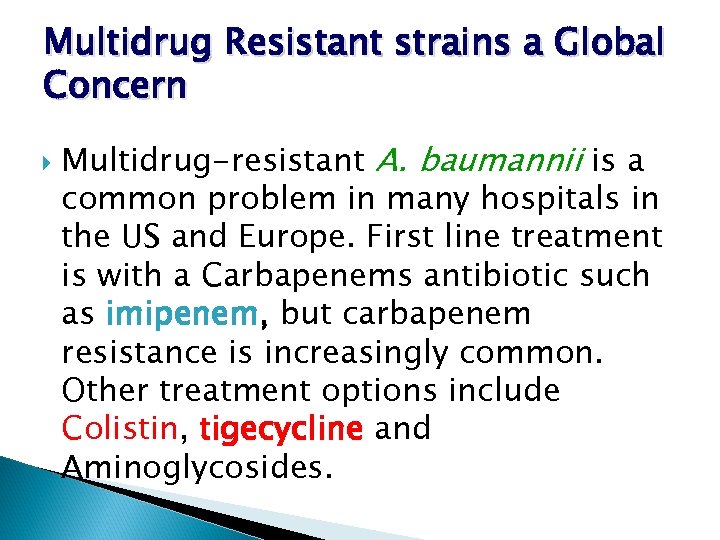 Multidrug Resistant strains a Global Concern Multidrug-resistant A. baumannii is a common problem in