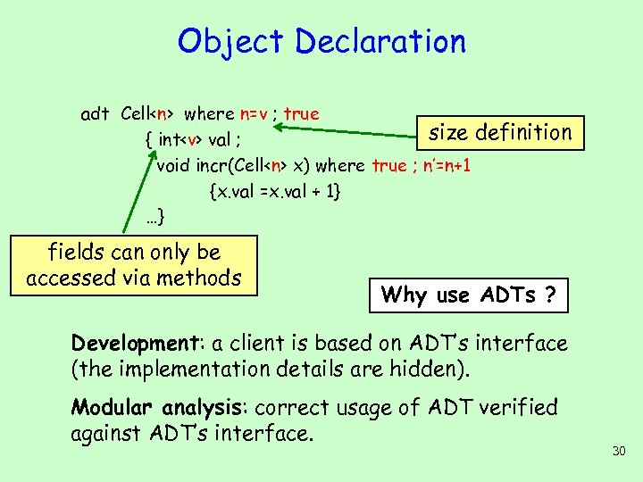 Object Declaration adt Cell<n> where n=v ; true size definition { int<v> val ;