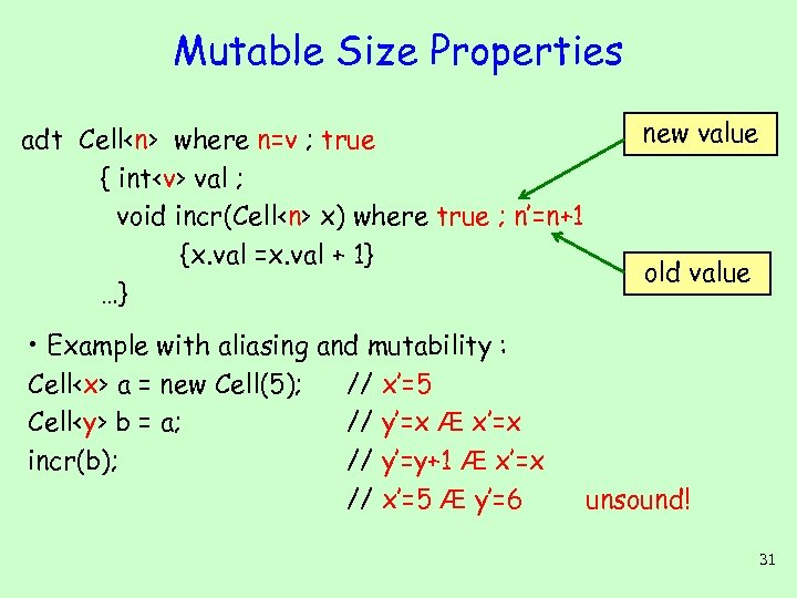 Mutable Size Properties adt Cell<n> where n=v ; true { int<v> val ; void