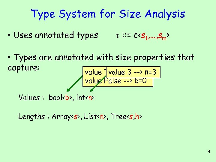 Type System for Size Analysis • Uses annotated types : : = c<s 1,