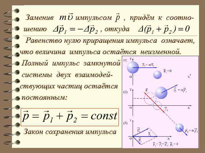 Заменив импульсом , придём к соотношению , откуда Равенство нулю приращения импульса означает, что