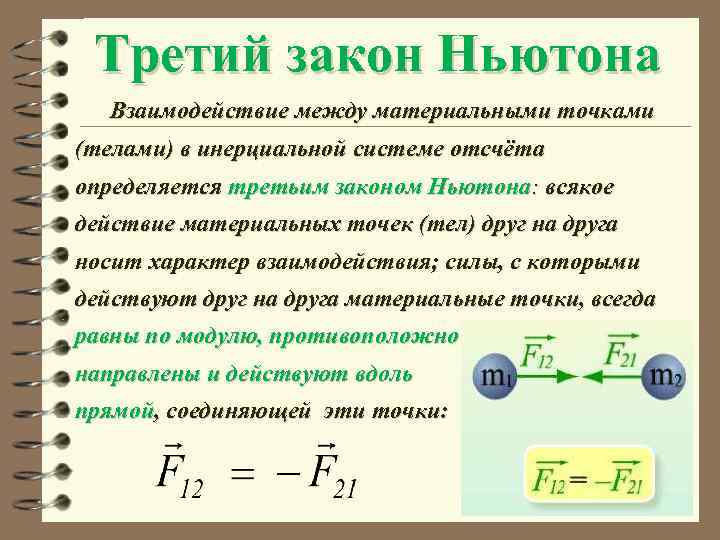 Третий закон Ньютона Взаимодействие между материальными точками (телами) в инерциальной системе отсчёта определяется третьим