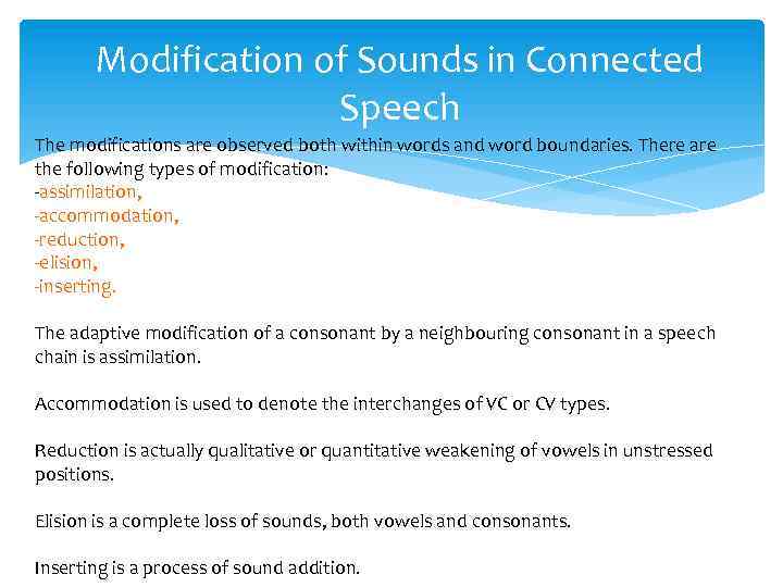 Modification of Sounds in Connected Speech The modifications are observed both within words and