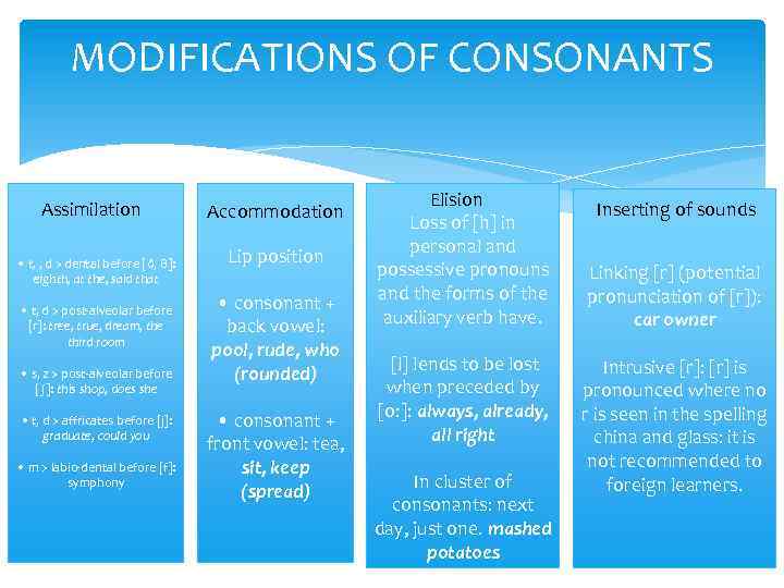 MODIFICATIONS OF CONSONANTS Assimilation • t, , d > dental before [ð, θ]: eighth,