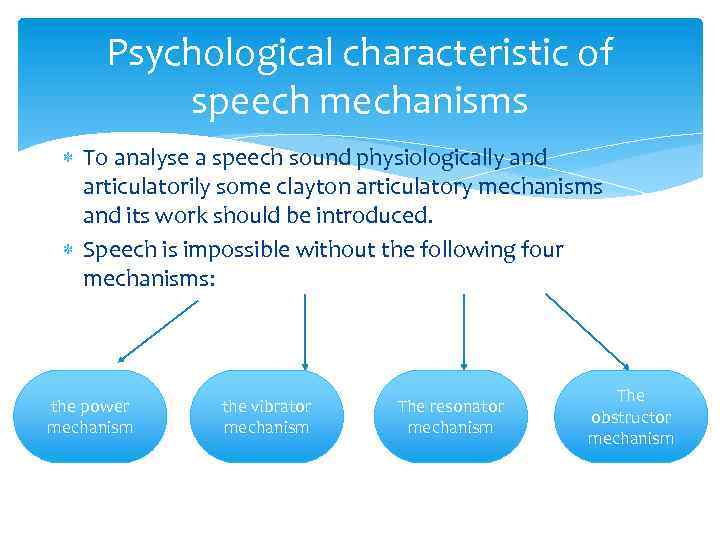 Psychological characteristic of speech mechanisms To analyse a speech sound physiologically and articulatorily some