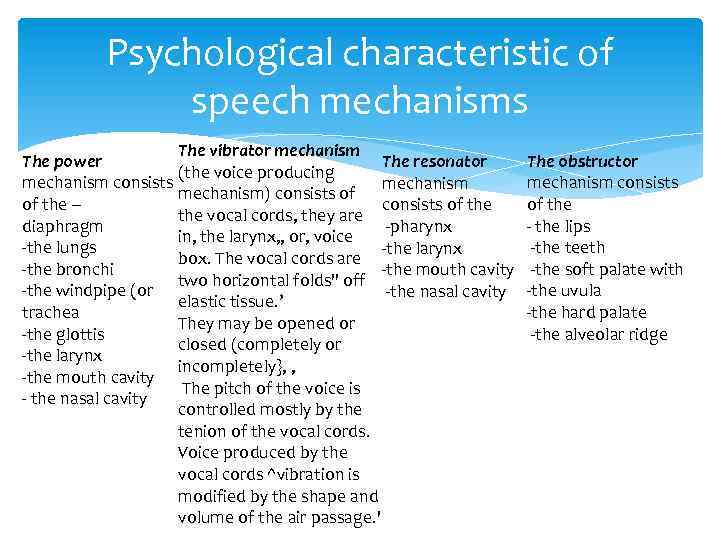 Psychological characteristic of speech mechanisms The vibrator mechanism The power The resonator (the voice