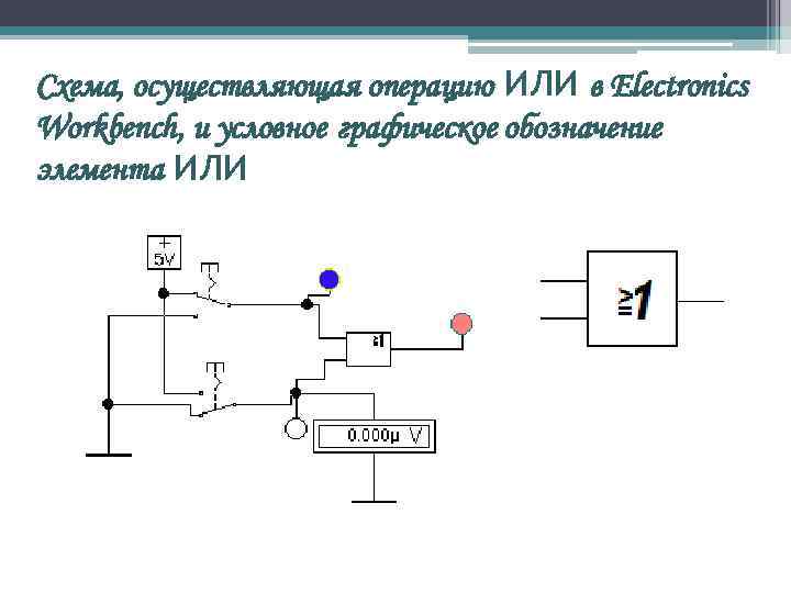 Схема, осуществляющая операцию ИЛИ в Electronics Workbench, и условное графическое обозначение элемента ИЛИ 