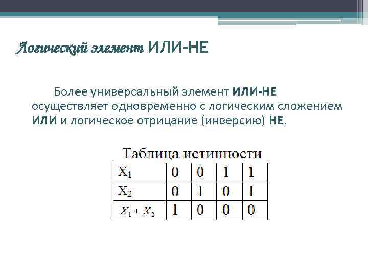 Логический элемент ИЛИ-НЕ Более универсальный элемент ИЛИ-НЕ осуществляет одновременно с логическим сложением ИЛИ и