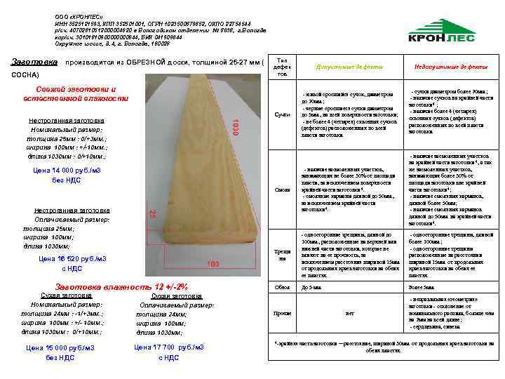 ООО «КРОНЛЕС» ИНН 3525121593, КПП 352501001, ОГРН 1023500879852, ОКПО 22754544 р/сч. 40702810512000004620 в Вологодском