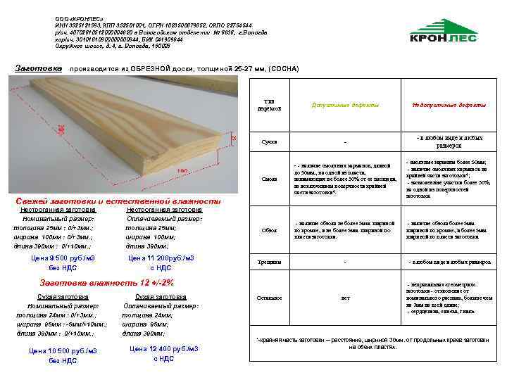 ООО «КРОНЛЕС» ИНН 3525121593, КПП 352501001, ОГРН 1023500879852, ОКПО 22754544 р/сч. 40702810512000004620 в Вологодском