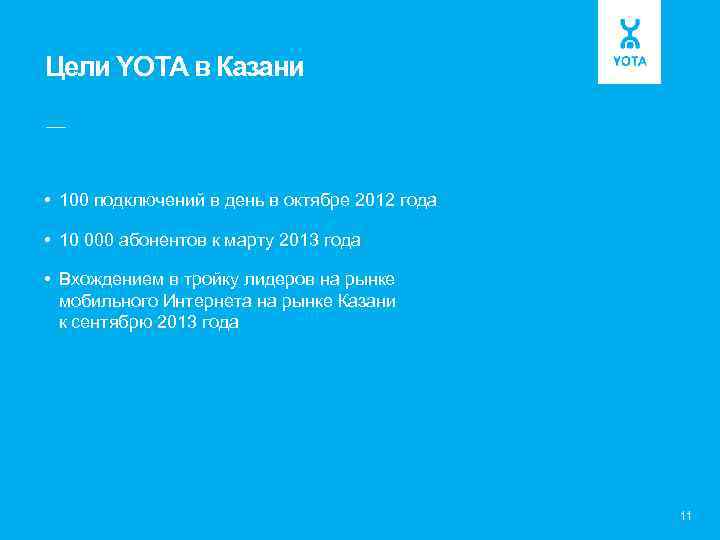 Цели YOTA в Казани –– • 100 подключений в день в октябре 2012 года