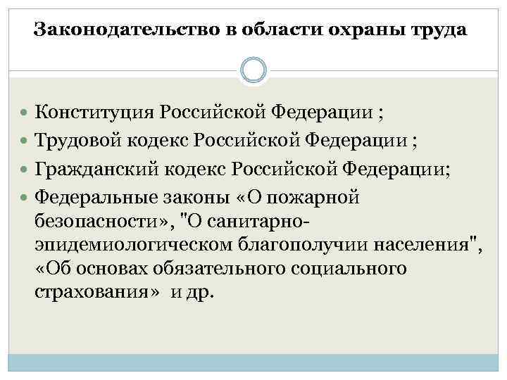 Законодательство в области охраны труда Конституция Российской Федерации ; Трудовой кодекс Российской Федерации ;