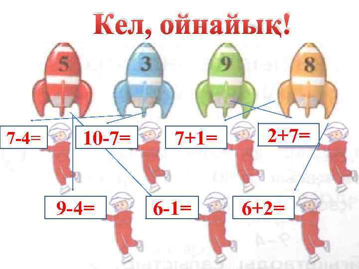 Кел, ойнайық! 7 -4= 10 -7= 9 -4= 7+1= 6 -1= 2+7= 6+2= 