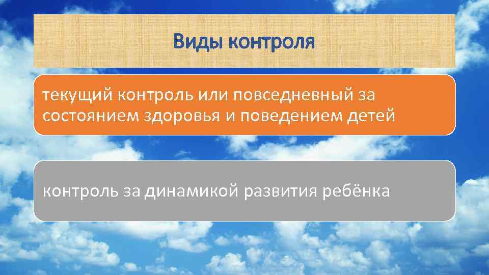 Виды контроля текущий контроль или повседневный за состоянием здоровья и поведением детей контроль за