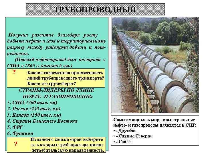 ТРУБОПРОВОДНЫЙ Получил развитие благодаря росту добычи нефти и газа и территориальному разрыву между районами