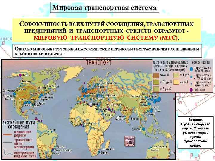 Мировая транспортная система СОВОКУПНОСТЬ ВСЕХ ПУТЕЙ СООБЩЕНИЯ, ТРАНСПОРТНЫХ ПРЕДПРИЯТИЙ И ТРАНСПОРТНЫХ СРЕДСТВ ОБРАЗУЮТ МИРОВУЮ