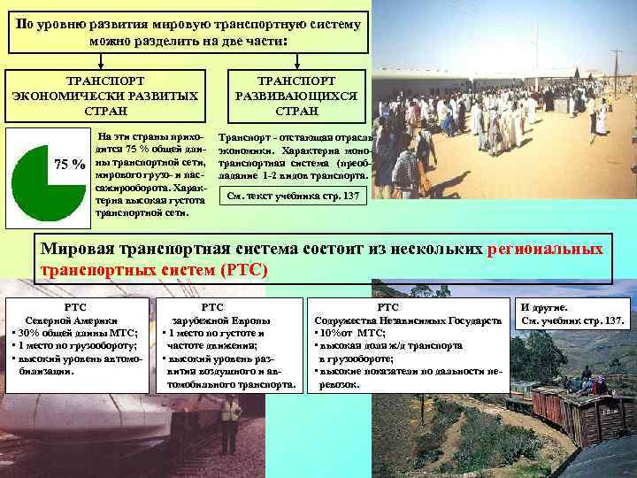 По уровню развития мировую транспортную систему можно разделить на две части: ТРАНСПОРТ ЭКОНОМИЧЕСКИ РАЗВИТЫХ