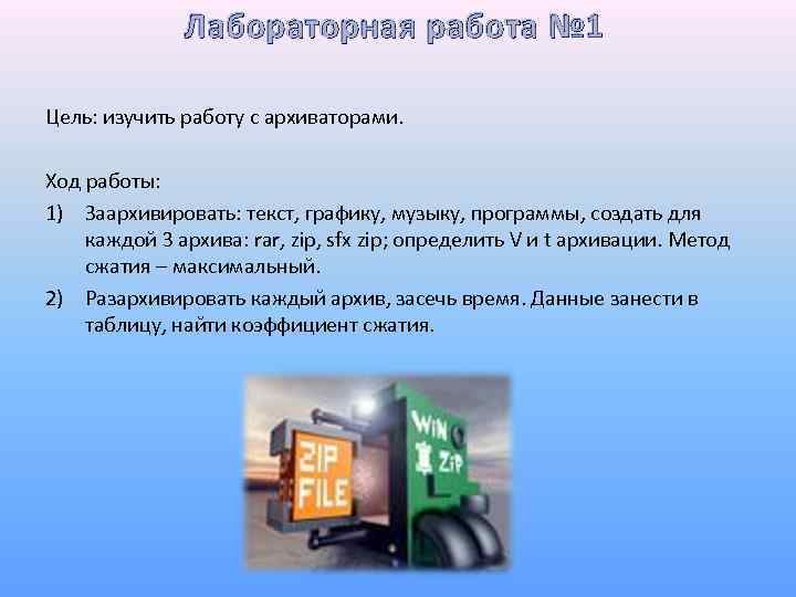 Лабораторная работа № 1 Цель: изучить работу с архиваторами. Ход работы: 1) Заархивировать: текст,