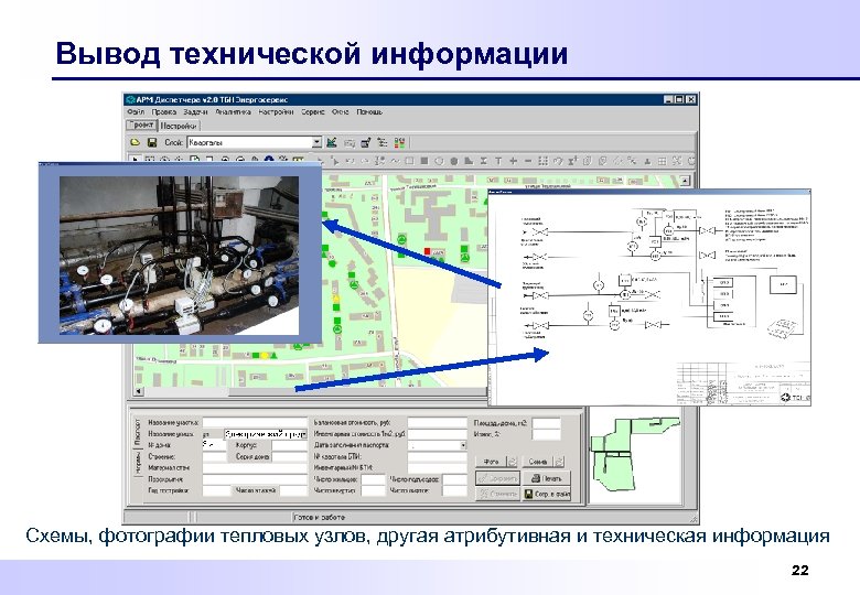 Вывод технической информации Схемы, фотографии тепловых узлов, другая атрибутивная и техническая информация 22 