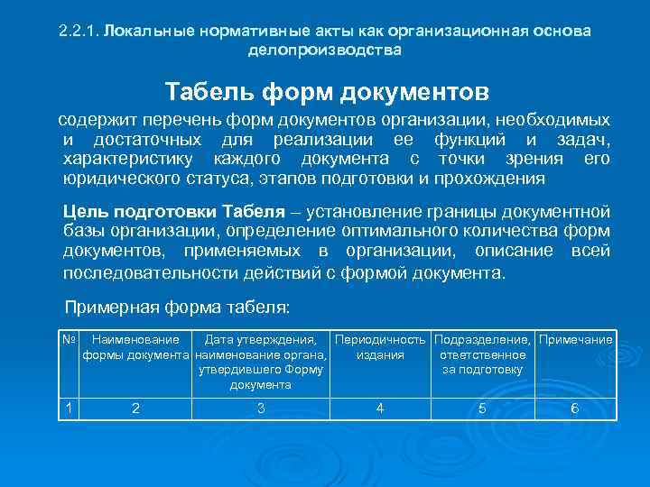 2. 2. 1. Локальные нормативные акты как организационная основа делопроизводства Табель форм документов содержит