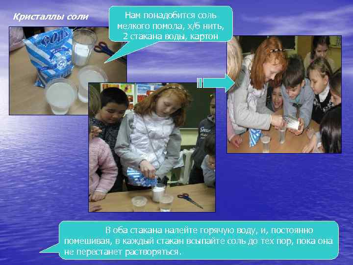 Кристаллы соли Нам понадобится соль мелкого помола, х/б нить, 2 стакана воды, картон В
