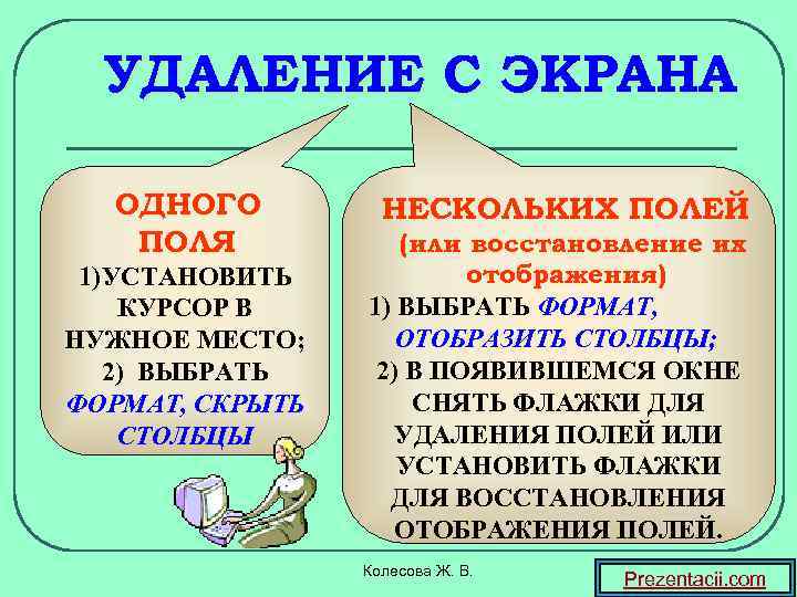 УДАЛЕНИЕ С ЭКРАНА ОДНОГО ПОЛЯ 1)УСТАНОВИТЬ КУРСОР В НУЖНОЕ МЕСТО; 2) ВЫБРАТЬ ФОРМАТ, СКРЫТЬ