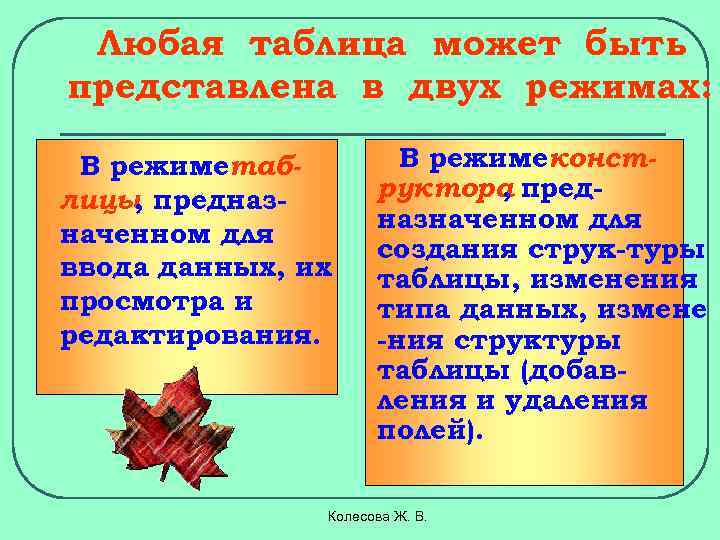 Любая таблица может быть представлена в двух режимах: В режиметаблицы предназ, наченном для ввода