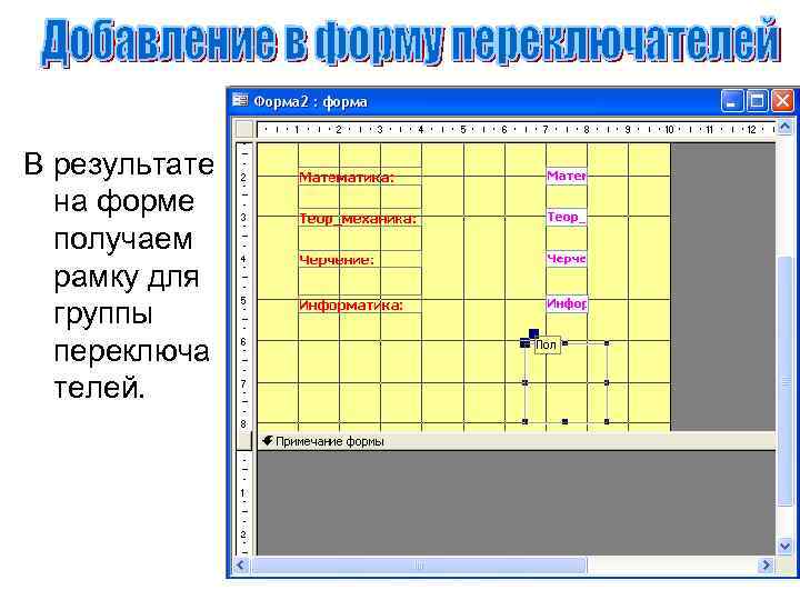 В результате на форме получаем рамку для группы переключа телей. 