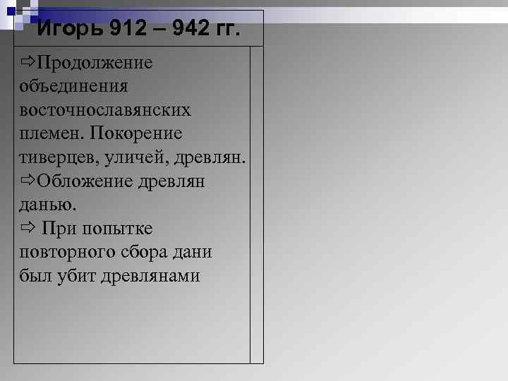 Игорь 912 – 942 гг. Продолжение объединения восточнославянских племен. Покорение тиверцев, уличей, древлян. Обложение