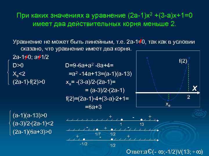 При каких значениях а уравнение (2 а-1)х2 +(3 -а)х+1=0 имеет два действительных корня меньше