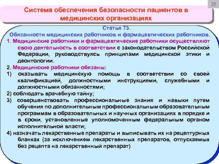 Система обеспечения безопасности пациентов в медицинских организациях 25 Статья 73. Обязанности медицинских работников и