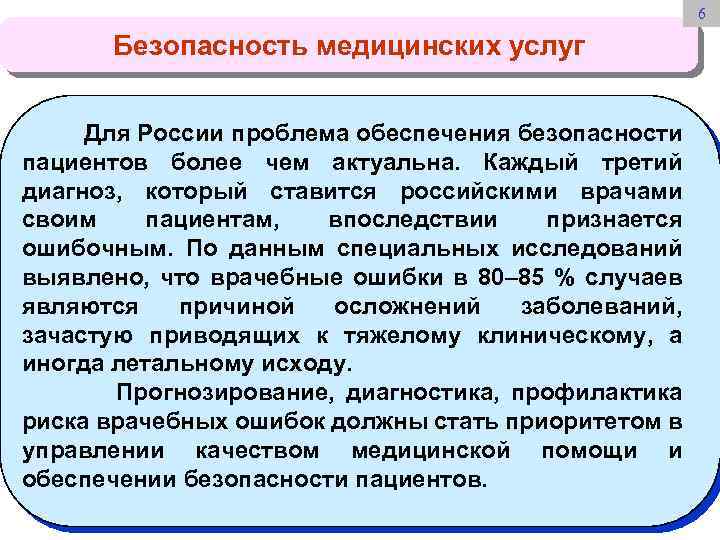 6 Безопасность медицинских услуг Для России проблема обеспечения безопасности пациентов более чем актуальна. Каждый