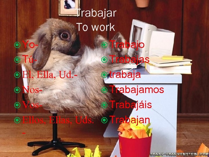 Trabajar To work Yo- Trabajo Tú- Trabajas El, trabaja Ella, Ud. Nos Vos Ellos,