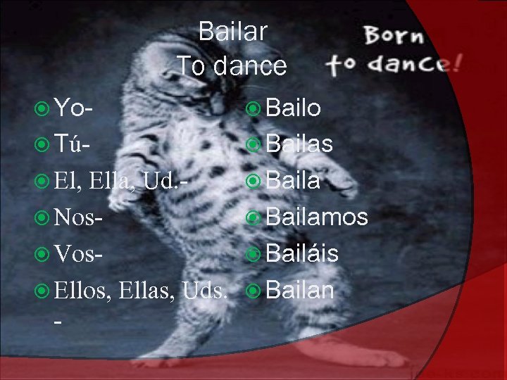 Bailar To dance Yo- Bailo Tú- Bailas El, Baila Ella, Ud. Nos Vos Ellos,