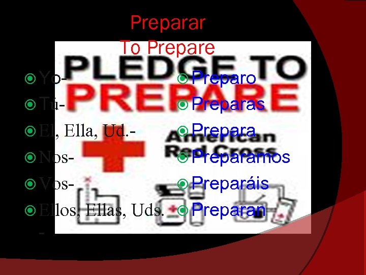 Preparar To Prepare Yo- Preparo Tú- Preparas El, Prepara Ella, Ud. Nos Vos Ellos,