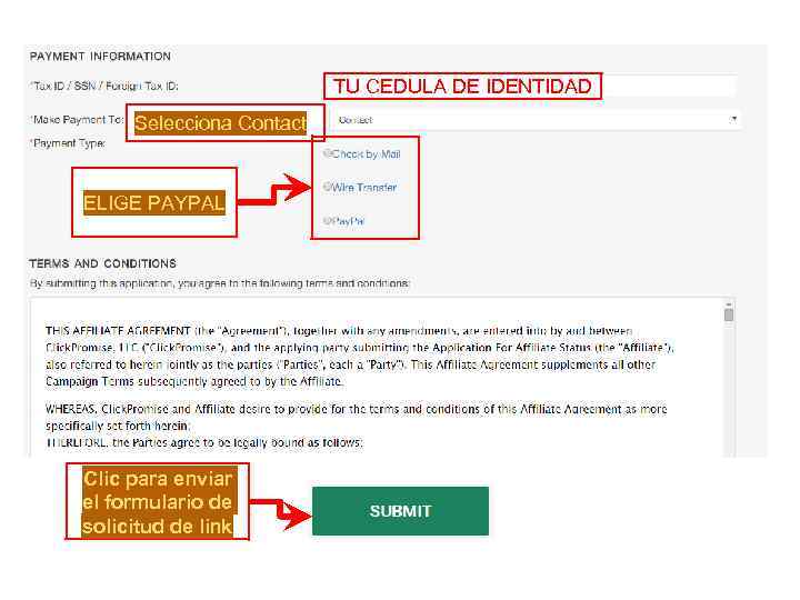TU CEDULA DE IDENTIDAD Selecciona Contact ELIGE PAYPAL Clic para enviar el formulario de