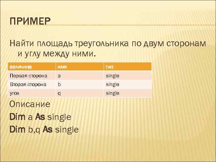 ПРИМЕР Найти площадь треугольника по двум сторонам и углу между ними. величина имя тип