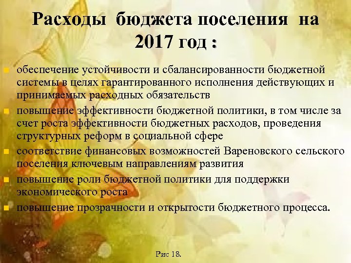 Расходы бюджета поселения на 2017 год : n n n обеспечение устойчивости и сбалансированности