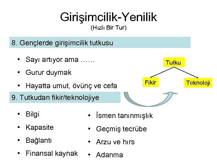 Girişimcilik-Yenilik (Hızlı Bir Tur) 8. Gençlerde girişimcilik tutkusu • Sayı artıyor ama …… Tutku