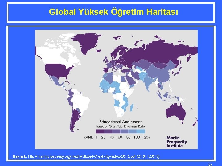 Global Yüksek Öğretim Haritası Kaynak: http: //martinprosperity. org/media/Global-Creativity-Index-2015. pdf (21. 011. 2016) 32 