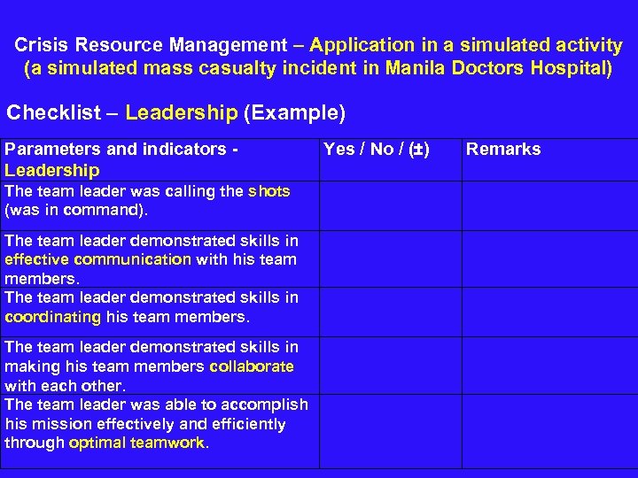  Crisis Resource Management – Application in a simulated activity (a simulated mass casualty