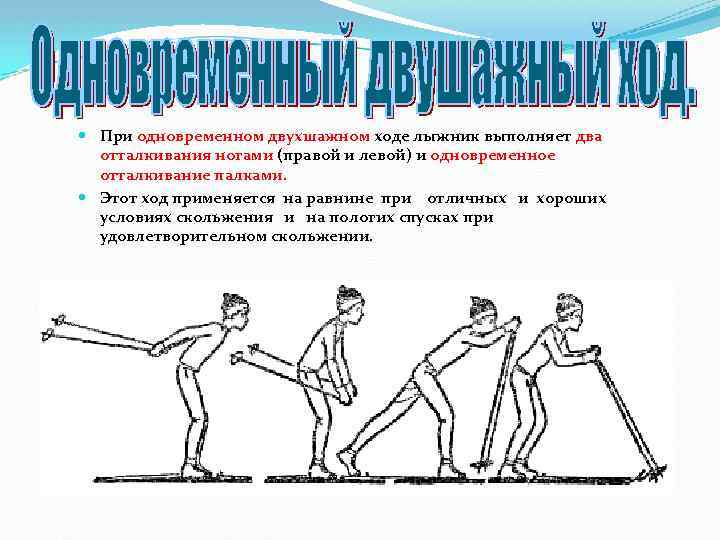  При одновременном двухшажном ходе лыжник выполняет два отталкивания ногами (правой и левой) и