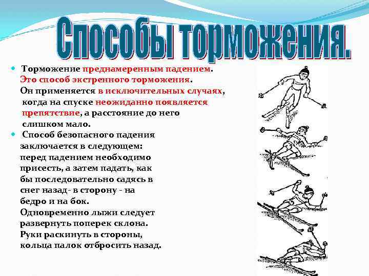  Торможение преднамеренным падением. Это способ экстренного торможения. Он применяется в исключительных случаях, когда