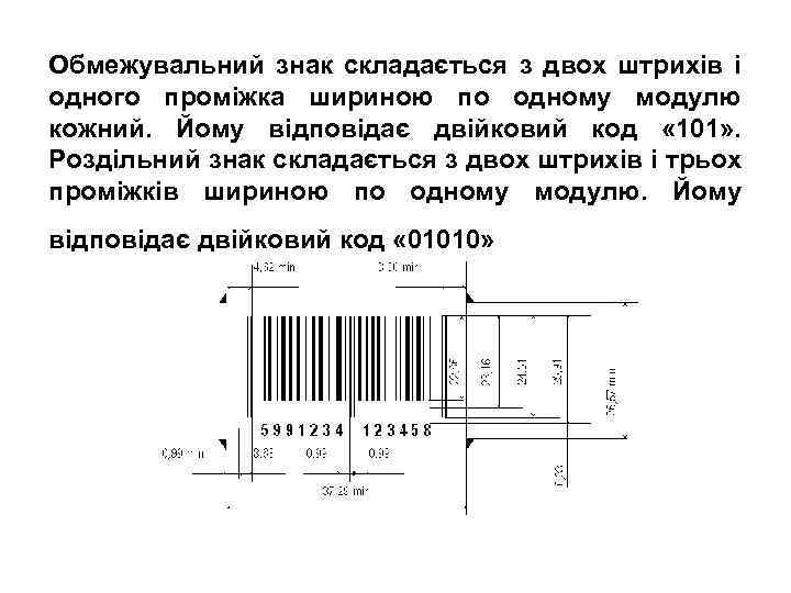 Обмежувальний знак складається з двох штрихів і одного проміжка шириною по одному модулю кожний.
