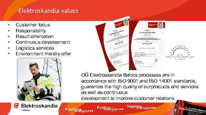 Elektroskandia values • • • Customer focus Responsibility Result orientation Continuous development Logistics services